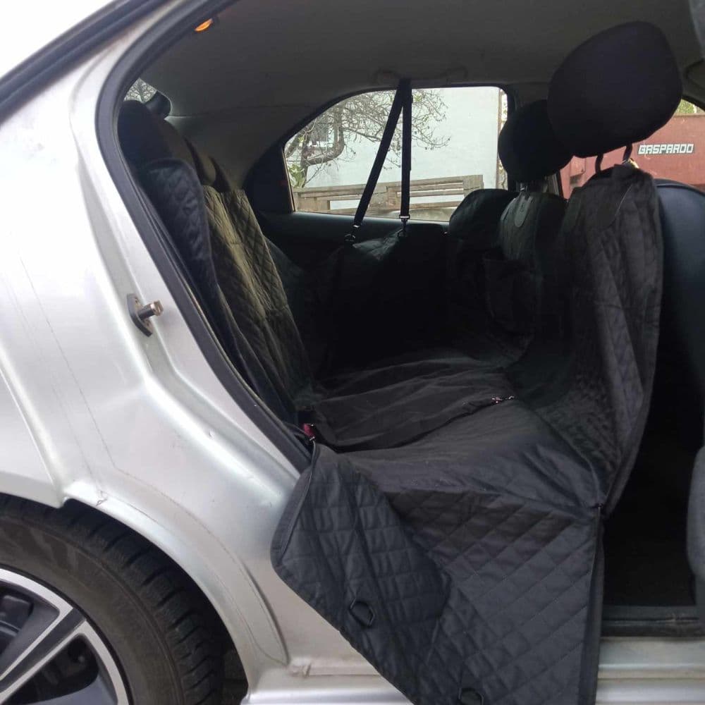 Black Waterproof Car Seat Cover fitted on the back seats of a car