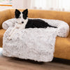 A Border Collie relaxing on a Light Gray Calming Cuddle Furniture Protector placed on a couch