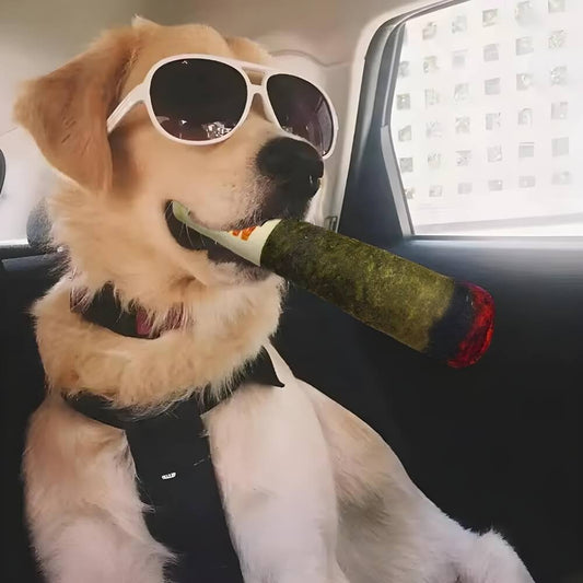 Golden Retriever wearing sunglasses holding dog joint plushie