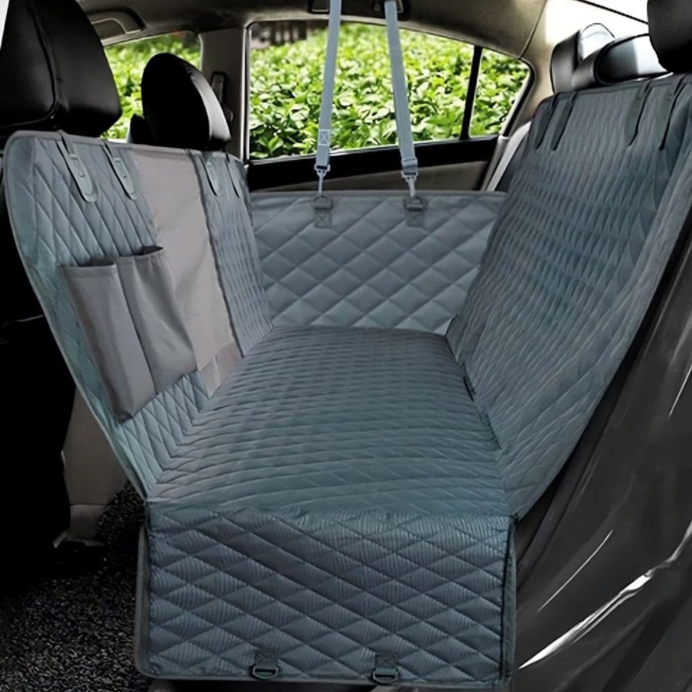 Gray Waterproof Car Seat Cover with the left side flap opened placed in a car's back seats